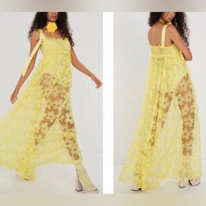 NWT For Love and Lemons Emma Floral Sheer Maxi Dress Yellow Size Small S
